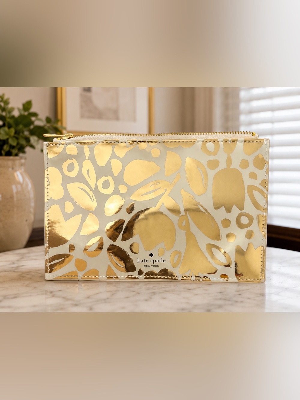kate spade gold foil print cream cosmetic pouch